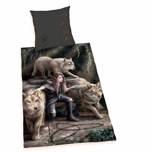 Herding Anne Stokes beddengoedset in groen/grijs, 100% katoen renforcé, dekbedovertrek 135 x 200 cm en kussensloop 80 x 80 cm