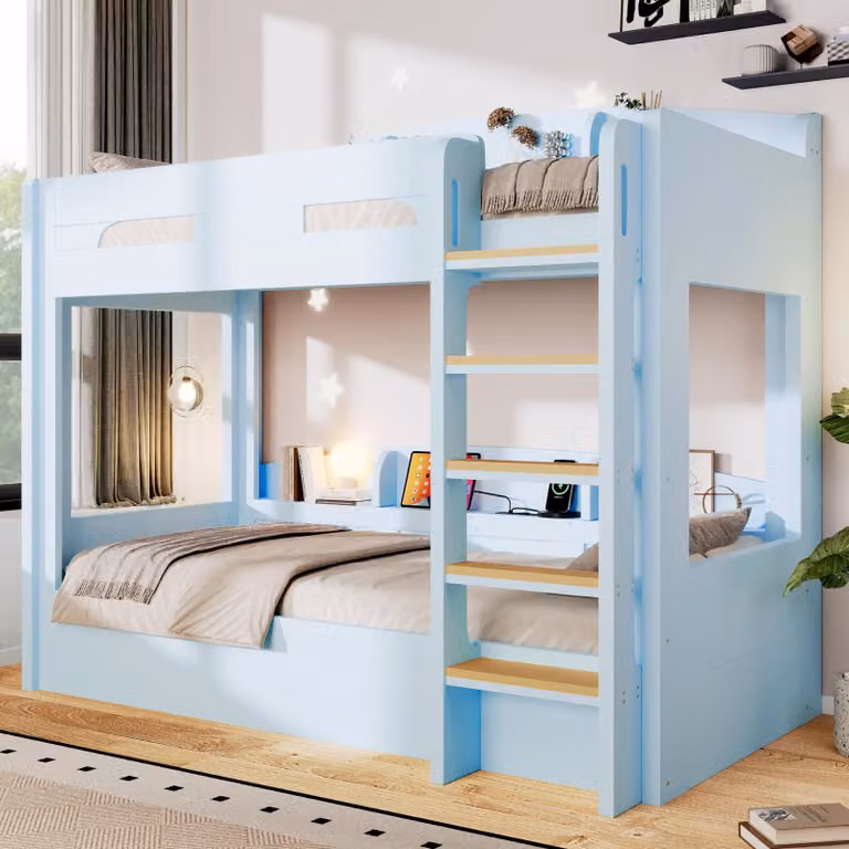 Okwish stapelbed voor kinderen met opbergplanken en USB-aansluiting, lichtblauw, B/D/H: 90 x 200 cm