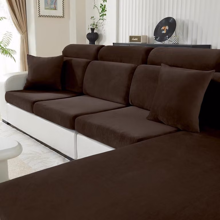 Grijsblauwe Fluwelen Stretch Bankhoes voor Chaiselongue, Universele Elastische Sofa Kussenhoes met Antislip Meubelbeschermer