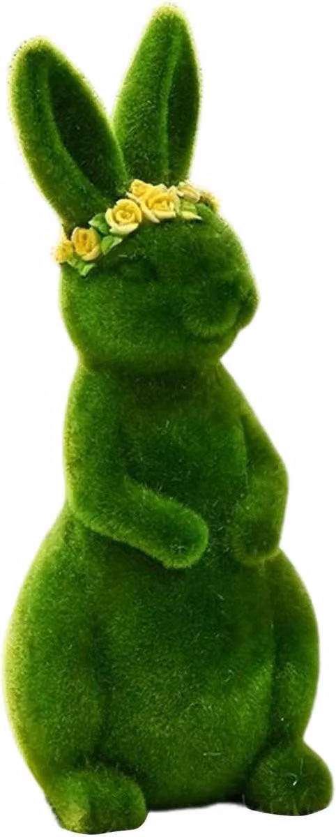 Mosgroen Konijnfiguur van Hars met Bloemenkrans - Tuindecoratie Beeldje - Hoogte: 13,4 cm