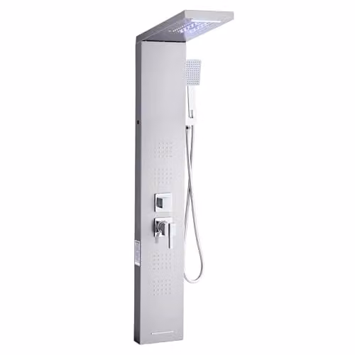 VEVOR Douchepaneel met LED-verlichting en 5 functies, Geborsteld Roestvrij Staal, Zilver, Hoogte: 134,5 cm