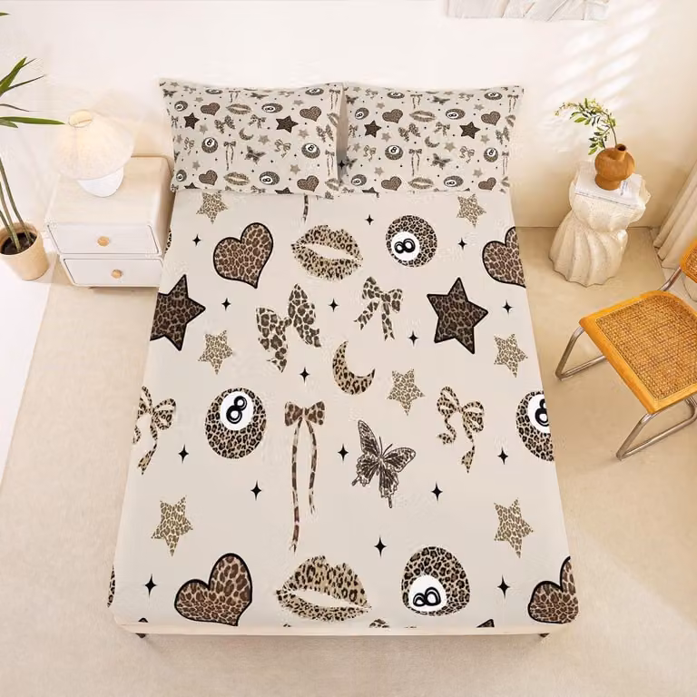 Hoeslakenset met luipaardprint in bruin, zwart en wit - Zachte microvezel beddengoed set - 90 x 190 x 40 cm