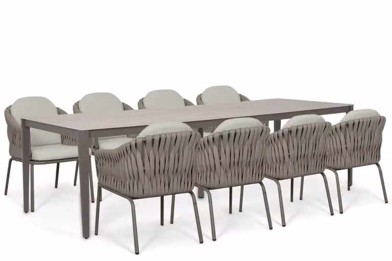 Santika Amadora/Livo 9-delige moderne eettafelset voor tuin en terras, grijs, B/D: 280 x 100 cm