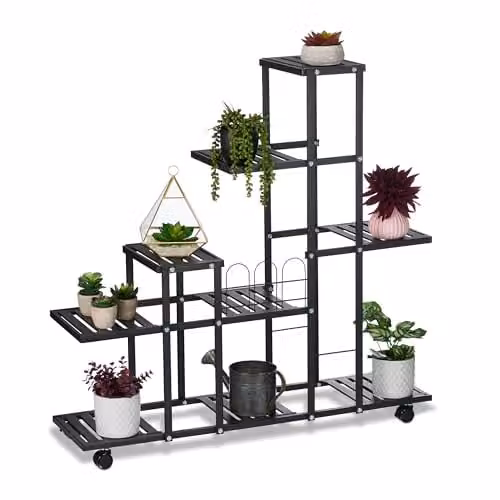 Relaxdays plantenrek met wielen zwart, metaal, 9 plateaus, H x B x D: 91,5 x 93 x 26 cm