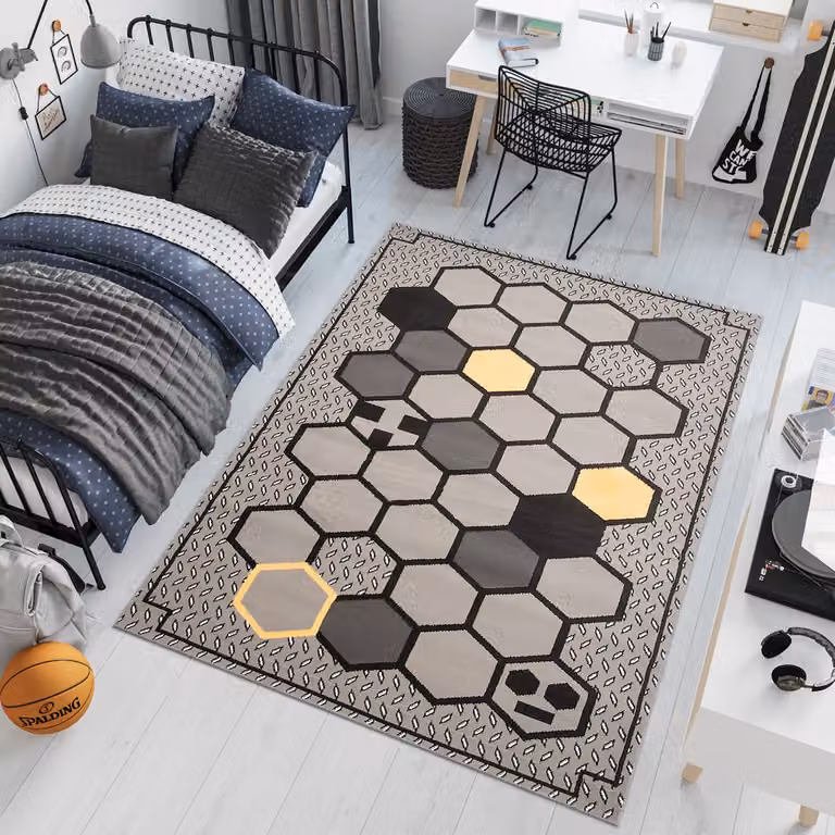 Tapiso Patras Vloerkleed Grijs Geel Zwart voor Kinderkamer en Jeugdkamer B/D: 200 x 300 cm