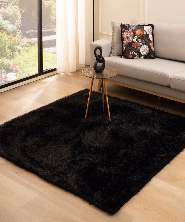 Tapeso Velvet vloerkleed vierkant - Posh zwart - 140 x 140 cm
