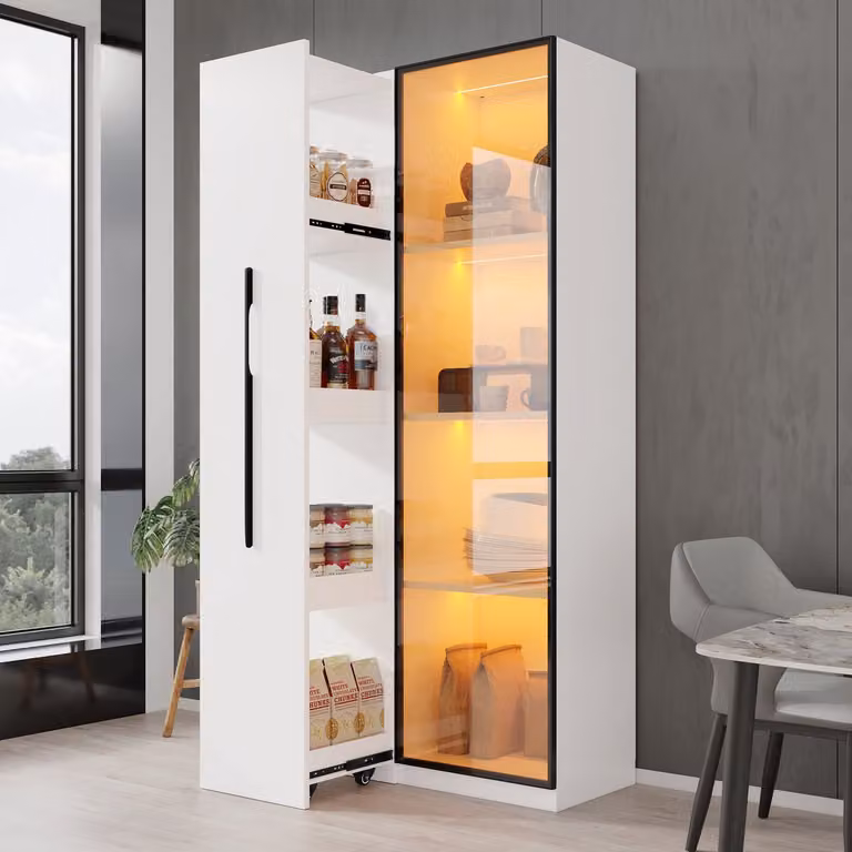 Multifunctionele kast met glazen deuren en LED-verlichting, Boekenkast en vitrine met zwenkwielen, B/D/H: 70 x 40 x 160 cm