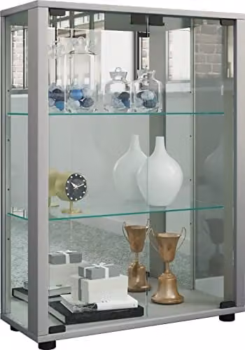 VCM Vitrinekast Sintalo met spiegel en glazen deuren, zilver, B: 60 cm, D: 25 cm, H: 80 cm