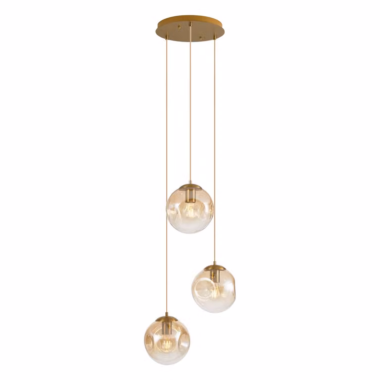 Qazqa Art Deco hanglamp messing met amber glas 3-lichts