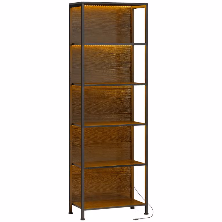 HOMCOM Boekenkast met 5 planken en LED-verlichting, Zwart, B: 60 cm, D: 30 cm, H: 179 cm