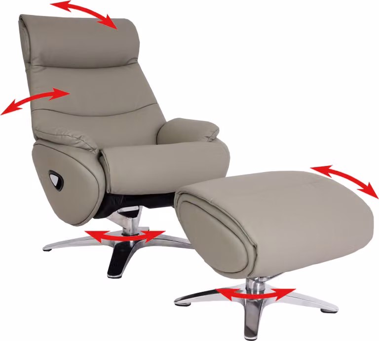 Mendler Relaxfauteuil met voetenbank HWC-K98, draaibaar en verstelbare rugleuning, grijs echt leer/kunstleer