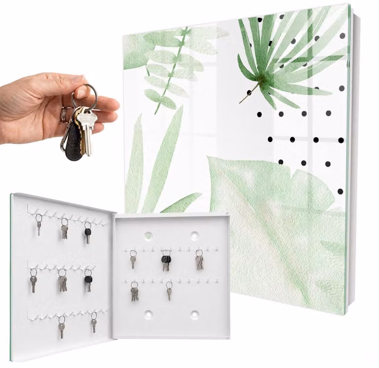 WallMuralia Sleutelkast met 50 haken en glazen deuren - Groene Bladeren Design - Wit - B/D/H: 30 x 30 x 5 cm