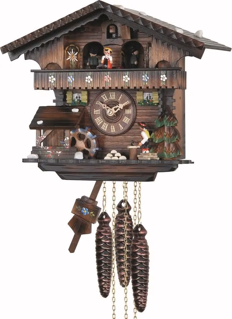 Engstler 440_MT Koekoeksklok met muziek en dansend paar, 1-daags kettinguurwerk, Notenhout, Hoogte: 26 cm