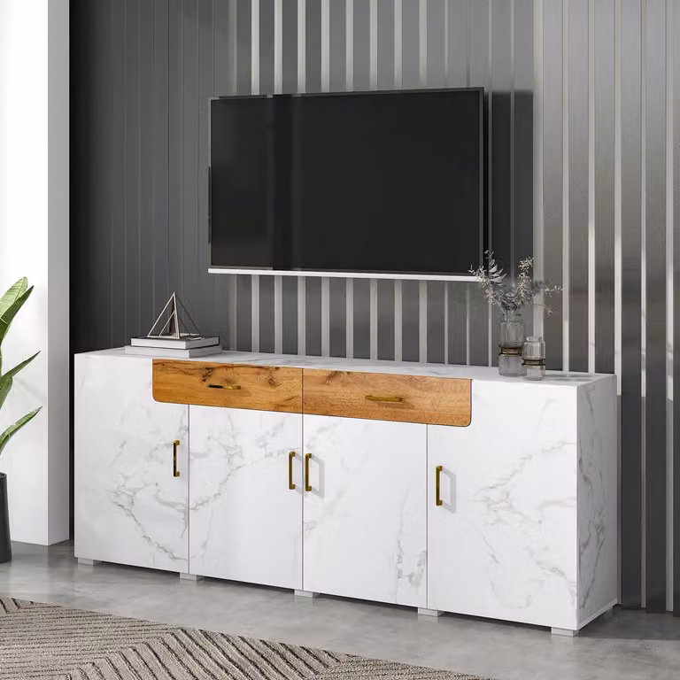 DESMIU Modern Dressoir met 4 Deuren en 2 Lades, Wit, B/D/H: 208 x 39,5 x 80 cm