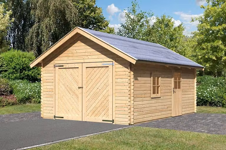 Karibu Houten garage met zadeldak, overkapping, schuilplaats en poort, natuurlijke staat, B: 537 cm, D: 387 cm, H: 309 cm