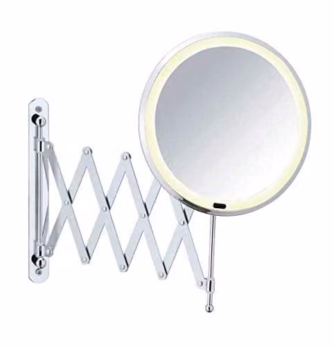 WENKO Barona LED-telescopische wandspiegel, zilver, Ø 20 cm, met uittrekbare arm en touch-functie