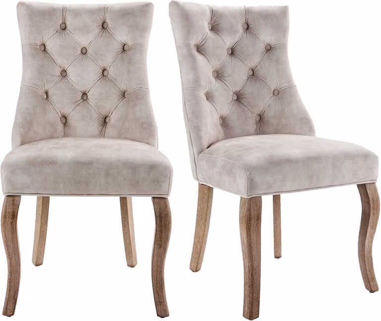 Set van 2 lichtbeige fluwelen eetkamerstoelen met hoge rugleuning, knoopstiksel en massief houten frame