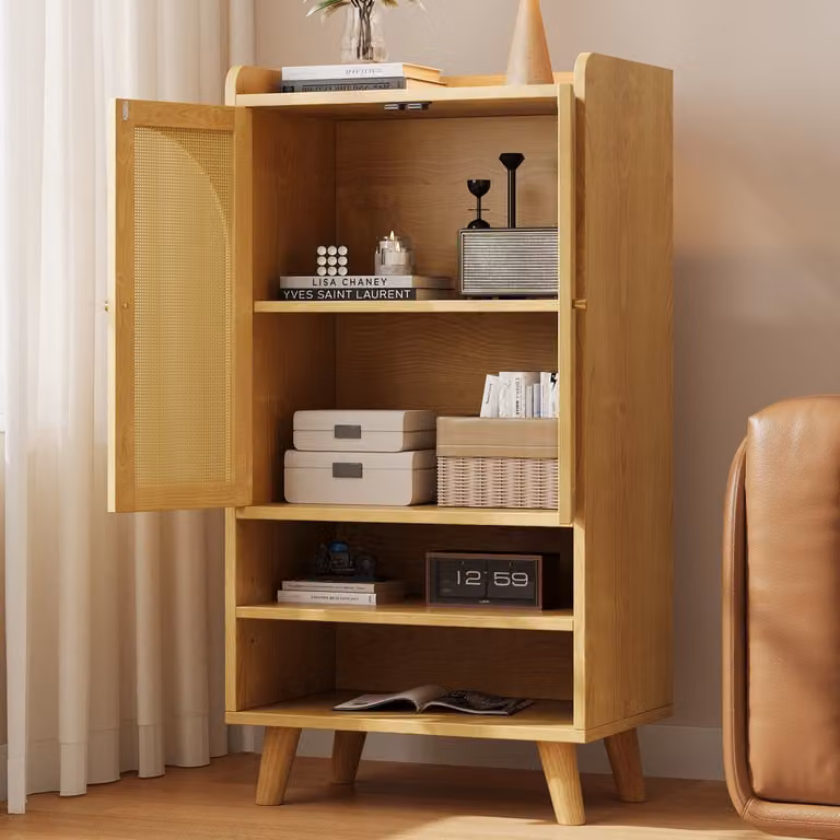 Sideboard in natuurlijke kleur met 2 rattan deuren en 2 open vakken, B/D/H: 60 x 40 x 121 cm