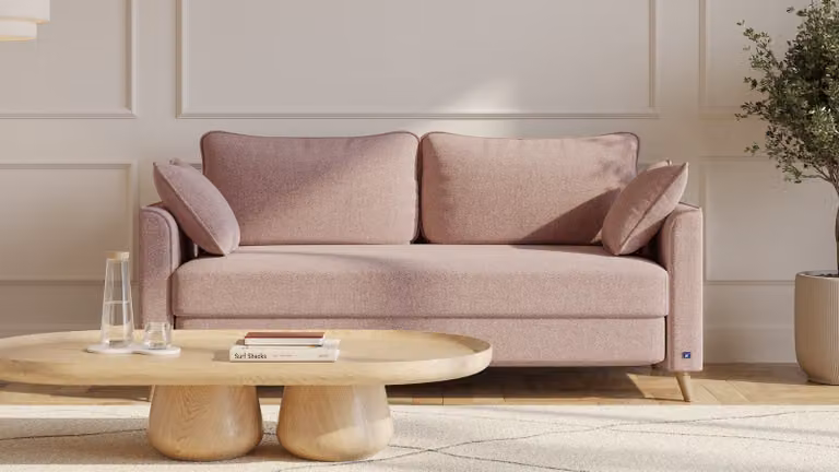 Flow BRUNO slaapbank 160 cm in Pink Blush roze met massief hout en boxspringcomfort