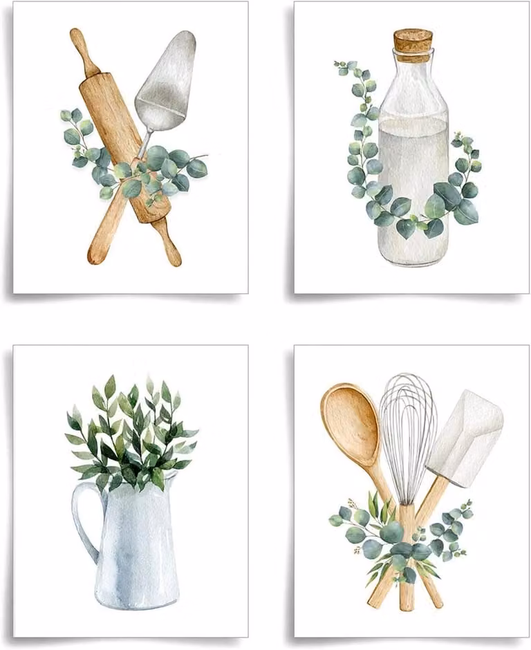 Set van 4 Botanische Keukenposters - Groene Wanddecoratie voor de Eetkamer - 20 x 25 cm