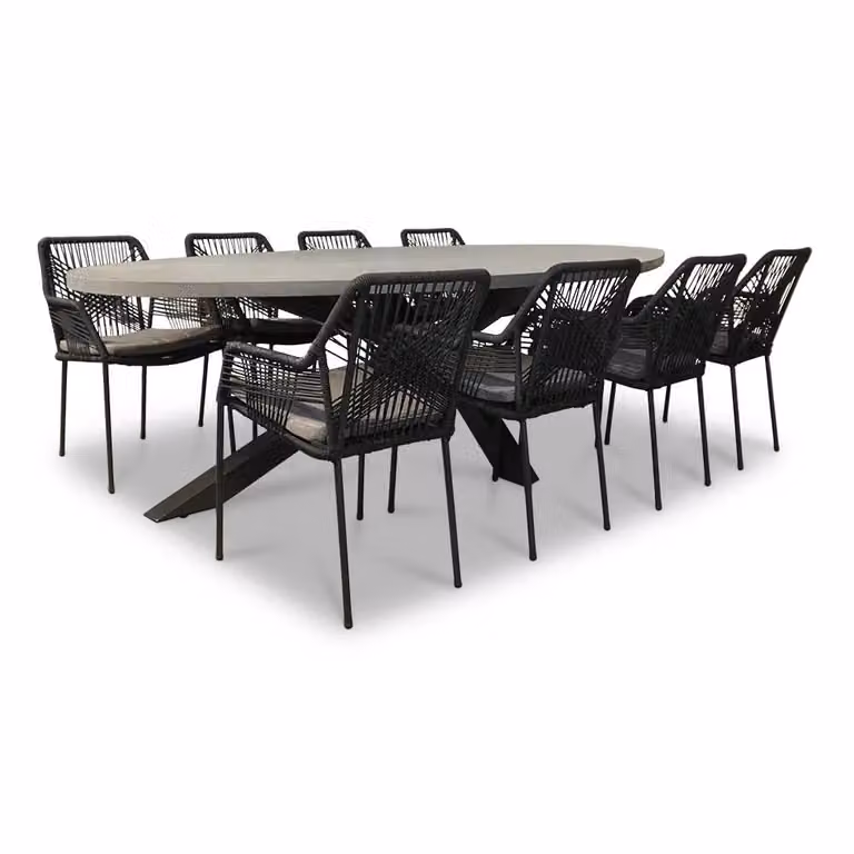 Stockholm/Seville zwart dining tuinset voor 8 personen met betonlook en touw, 280 cm