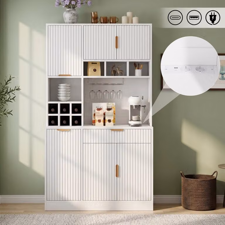 Clruro Buffetkast Wit - Hoog model met Wijnrek, Stopcontact en USB - B/D/H: 100 x 40 x 175 cm