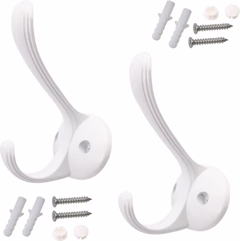 SnelShoppen Set van 2 Dubbelwandige Garderobes met Haak en Hanger, Wit Metaal, B/D/H: 10,5 x 6,5 x 7,5 cm