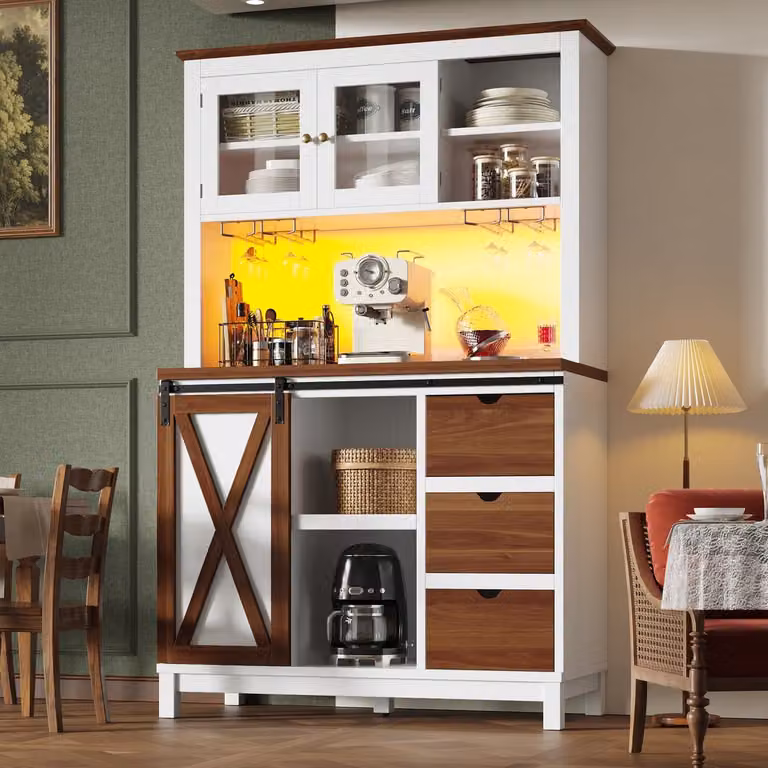 MODENUIT Hoge Keukenkast met LED-verlichting en Schuifdeur, Glas en Metaal, B/D/H: 104 x 40 x 180 cm