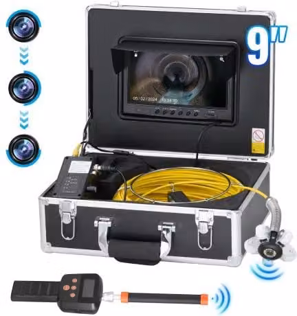VEVOR Rioolcamera met 512Hz-locator, 50 m, 9-inch buisinspectiecamera met zelfnivellering, 36x zoom, endoscoop met 12 LED's, 32 GB-kaart, IP68 waterdichte buiscamera in zwart en zilver