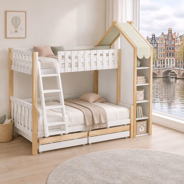 WUVRIE Stapelbed voor kinderen met ladder, 2 lades en opbergruimte, wit/naturel, B/D/H: 90 x 200 cm en 140 x 200 cm