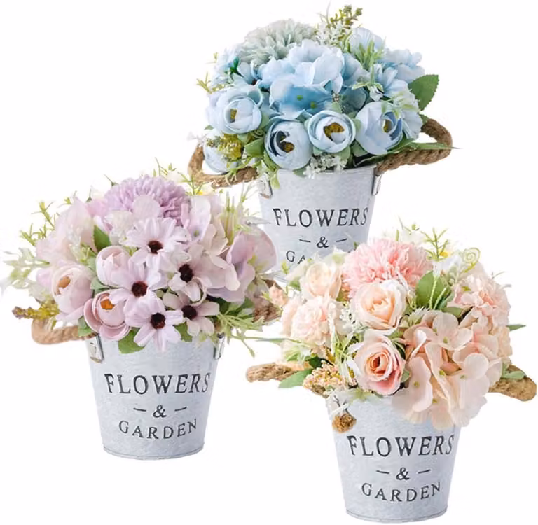 Set van 3 kunstbloemen met metalen pot voor binnen en buiten, mini decoratieve planten voor huis en kantoor