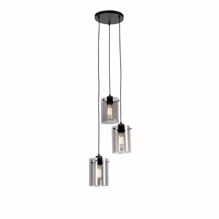 Qazqa Design hanglamp Dome - Zwart met grijs glas - 3-lichts - Hoogte verstelbaar