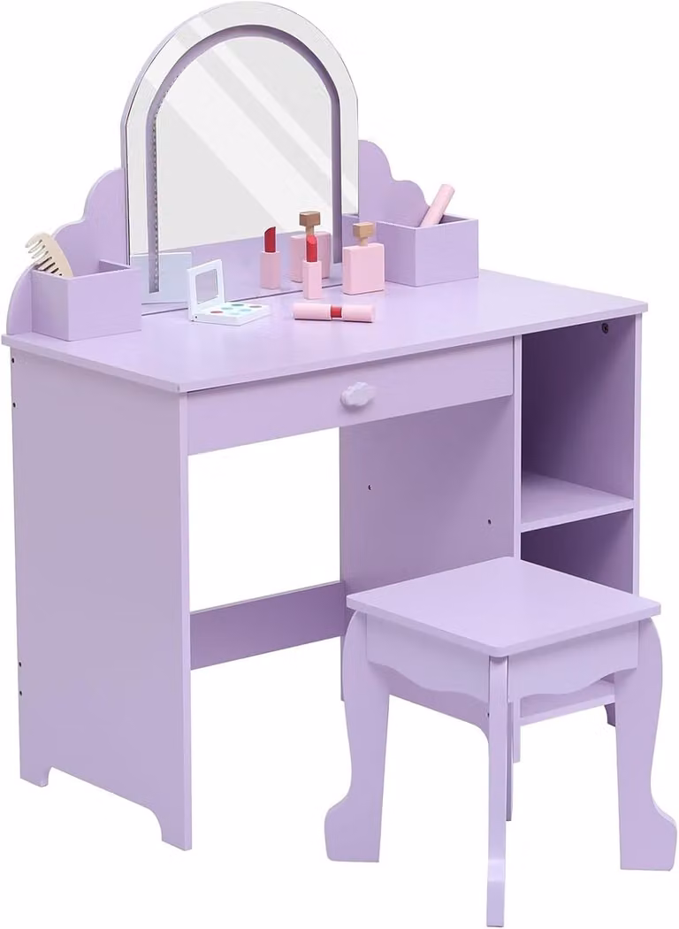 Triumpunpre Kinderkaptafel met LED Spiegel en Krukje - 2-in-1 Bureau voor Meisjes 3-9 Jaar - Paars