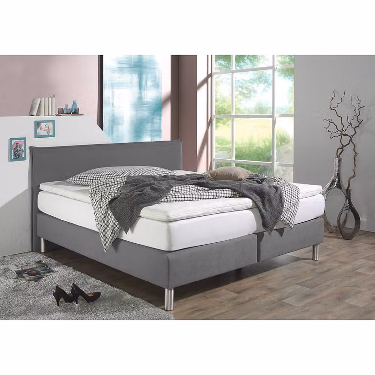 home24 Boxspring Hedensted grijs/grijs geweven stof met H3 pocketveringmatras B/D: 160 x 200 cm