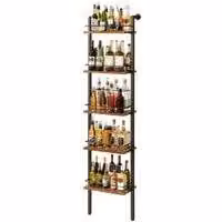 Vrijstaande wijnvitrine met 5 niveaus en glazen flessenrek in bruin vintage houten design, B/D/H: 43 x 20 x 177 cm