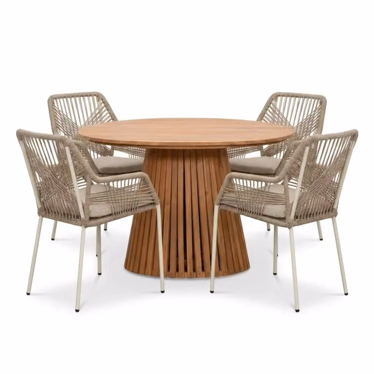 Palau/Seville beige eettafelset voor 4 personen van teakhout en touw, Ø120 cm