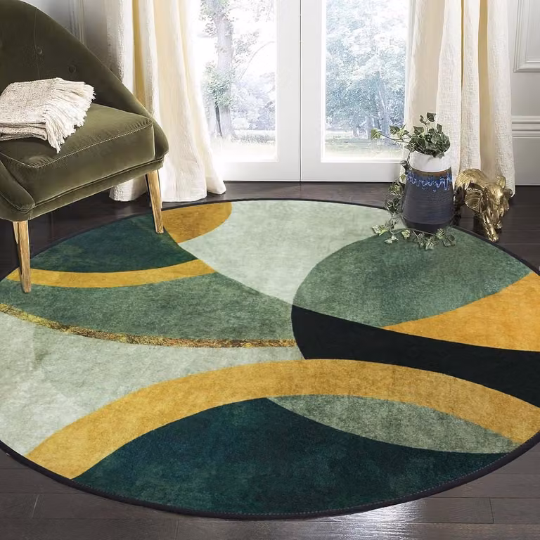Rond geometrisch tapijt voor woonkamer en slaapkamer, smaragdgroen en mosterdgrijs, wasbaar en antislip, Diameter: 160 cm