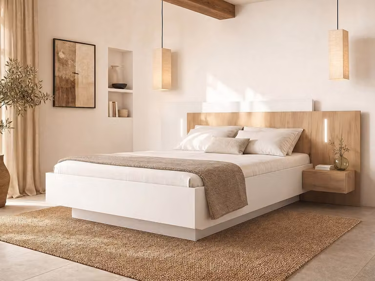 FRANCOLI Bed met zwevende nachtkastjes en ledverlichting, Wit en naturel, 160 x 200 cm