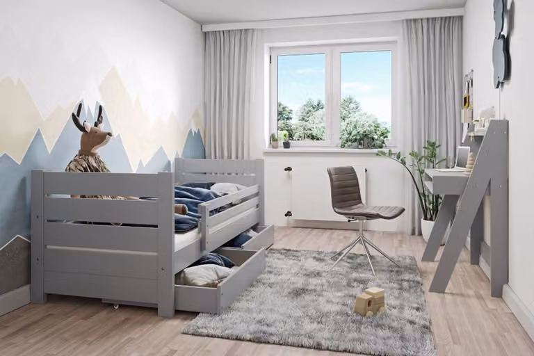 Rockwood Kinderbed Milly en Mo Grijs met lattenbodem, matras en bedtextielpakket en lades van massief hout