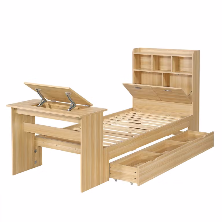 WUVRIE Normaal bed met opberglade, klaptafel en hoofdbordplank, naturel, B/D: 90 x 200 cm