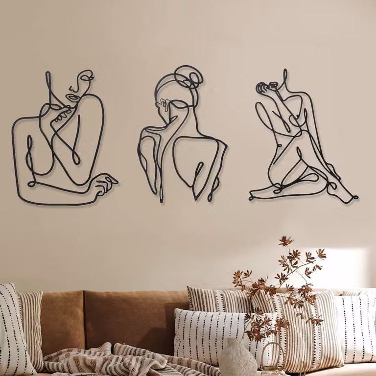 Minimalistische Wanddecoratie - 3 Stuks Abstracte Vrouwelijke Lijntekeningen van Metaal voor een Modern Interieur