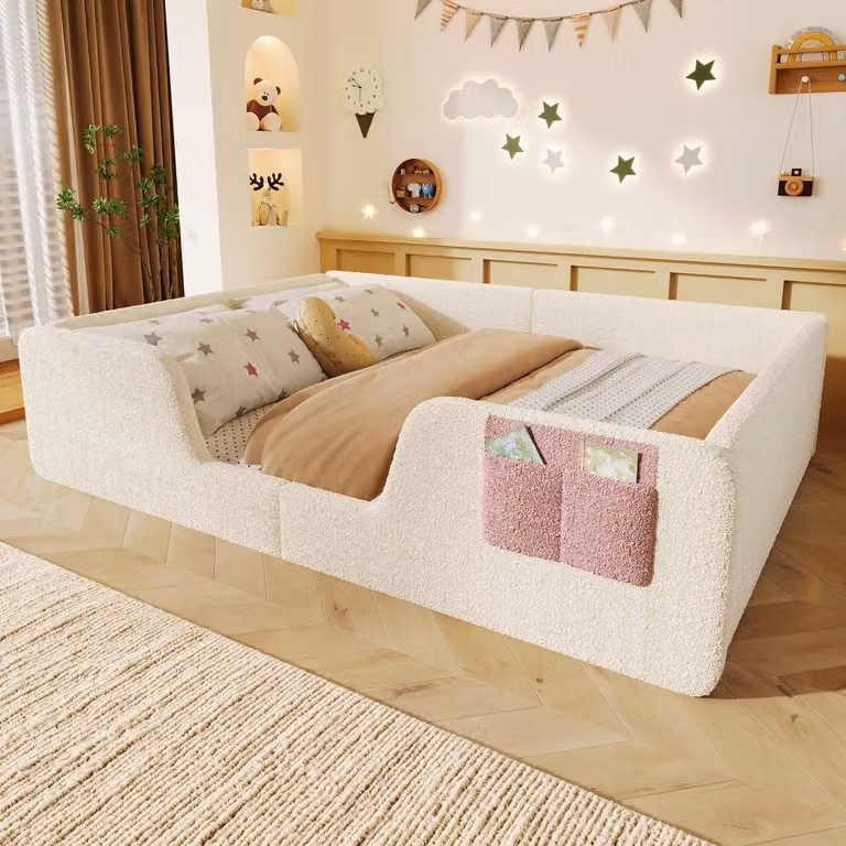 REDOM Kinderbed met afneembare veiligheidsgitter en geïntegreerde opbergtas, Beige, 140 x 190 cm