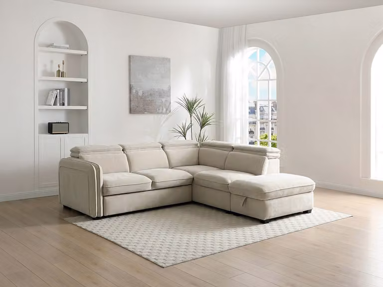 BALOTIA Slaapbank met hoek rechts, poef en verstelbare hoofdsteun, beige stof, B/D/H: 255 x 151 x 80 cm