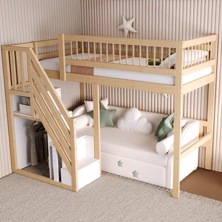 Sweiko Houten kinderbed Hoogslaper met opbergruimte - Natuurlijk + Wit - 90 x 200 cm