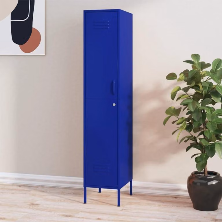 Marineblauwe stalen opbergkast met verstelbare legplanken, B/D/H: 35 x 46 x 180 cm