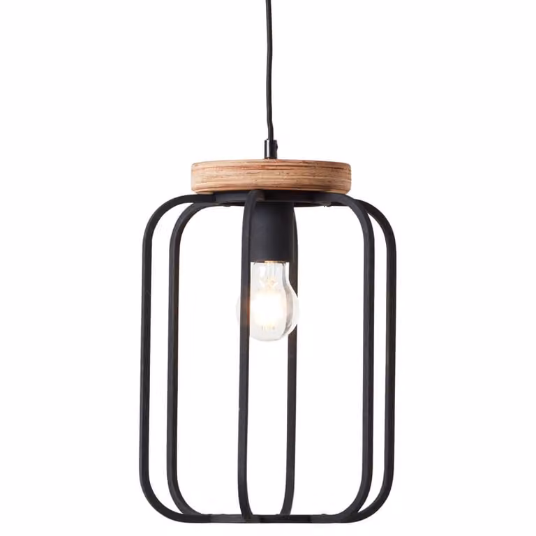 Brilliant Tosh Hanglamp zwart en houtbruin met ronde metalen en houten kap, Ø 25 cm
