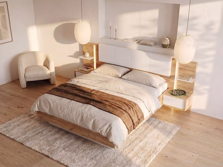 ELYNIA Bed met nachtkastjes en ledverlichting, houteffect en wit, inclusief bedbodem, B/D/H: 160 x 200 x 129 cm