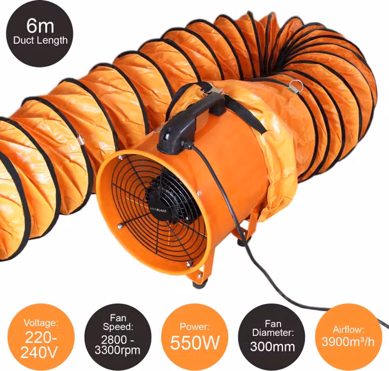 Monster Shop MAXBLAST Professionele industriële ventilator met 6 meter slang, 300 mm, 550 W