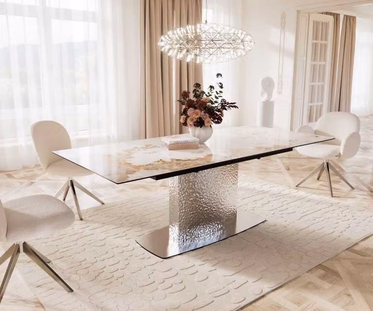 DELIFE Eetkamertafel Edge Minas Melange wit-beige keramiek met RVS onderstel, uitschuifbaar, B/D/H: 180-220 x 100 x 76 cm
