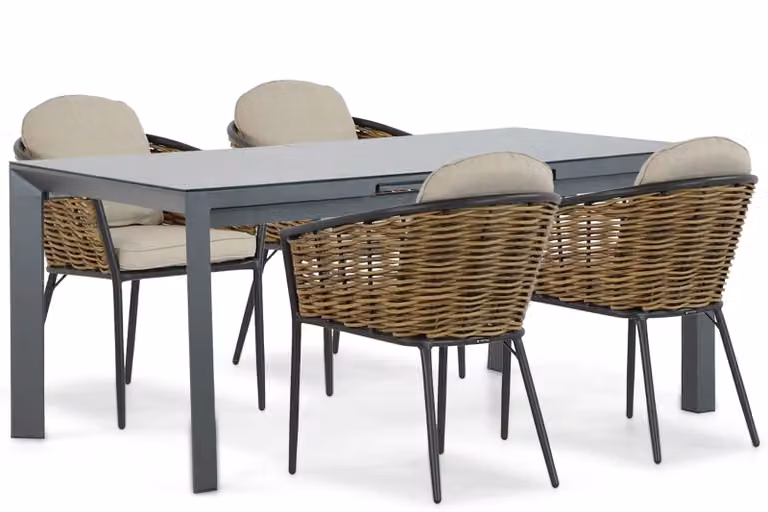 Lifestyle Garden Furniture Alicante Eettafelset met Glazen Tafel en Polyrattan Stoelen, Grijs